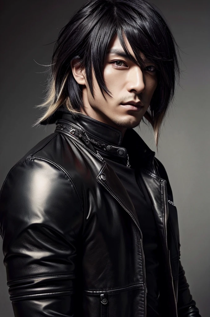 1 Japanese gothic man, male, Asian eyes, Visual kei hairstyle, wearing long black leather pants and a black long leather coat, ultra detailed face and eyes, hyperrealistic, realistic representation, muscular, broad shoulders, pretty face, 30 years old, black and blonde hair 