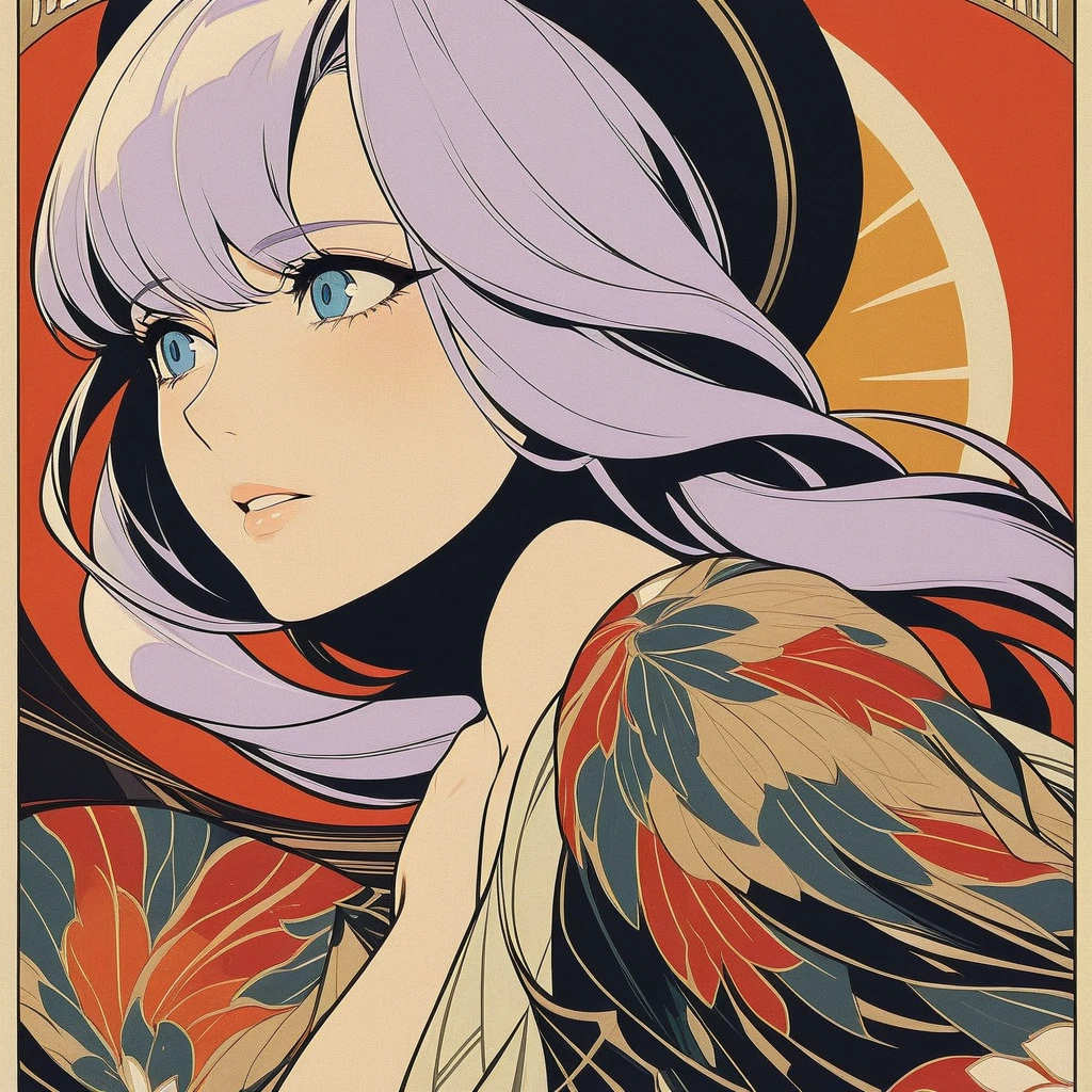 classy woman in a dress, mature woman, slanted eyes,  1girl, light purple hair, long hair, blue eyes, extreme close up side profile, black clothes, red background, centred, art deco, movie poster, masterpiece, 4k, hd, best quality, detailed, thick line art, variable line art, vintage poster, carnival style, extravagent,