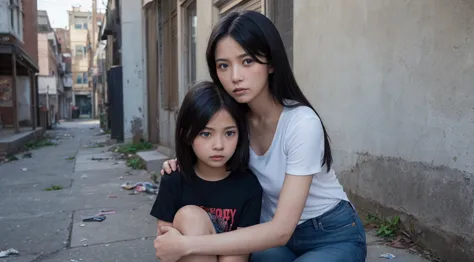 Real professional photography of a mother (30-35 years old) and her daughter (8 years old) as the main subjects. Both have vibra...