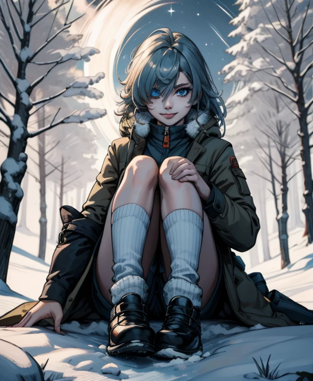 (Masterpiece, Best quality:1.2), Single, 1girl, hair over one eye, Blue eyes, split, nice smile, winter coat (white), shoes, Winter forest, Lights, a night, wolf, Long socks 