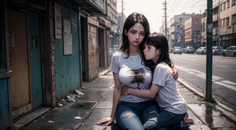 Real professional photography of a mother (30-35 years old) and her daughter (8 years old) as the main subjects. Both have vibra...