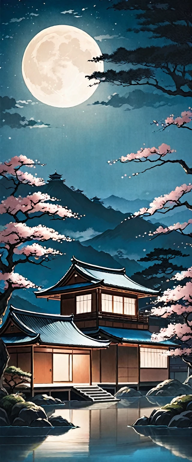 Painting of a Japanese house in the moonlight with a full moon, The art of Japan style, traditional The art of Japan, 伝統的なJapanese painting, old The art of Japan, The art of Japan art, Landscape painting, Zen temple background, The art of Japan, Japan at Night, Japanese Landscape, Japanese painting, Beautiful Art UHD 4K, Night view, Moonlit Night, Landscape painting 詳細