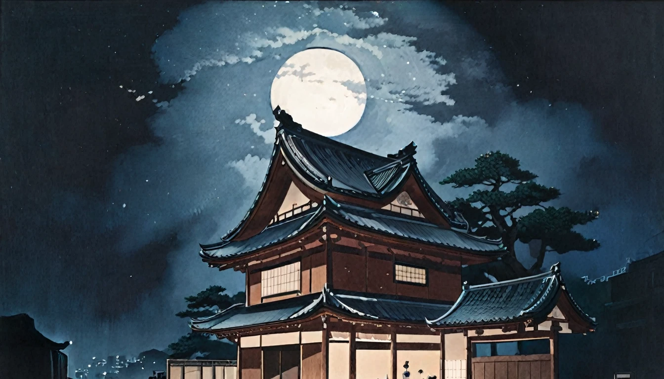 Painting of a Japanese house in the moonlight with a full moon, Artworks inspired by Kawase Hasui, pixiv Contest Winner, Ukiyo-e, The art of Japan style, traditional The art of Japan, 伝統的なJapanese painting, old The art of Japan, Landscape painting, The art of Japan art, The art of Japan, Zen temple background, Japan at Night, Japanese Landscape, Japanese painting