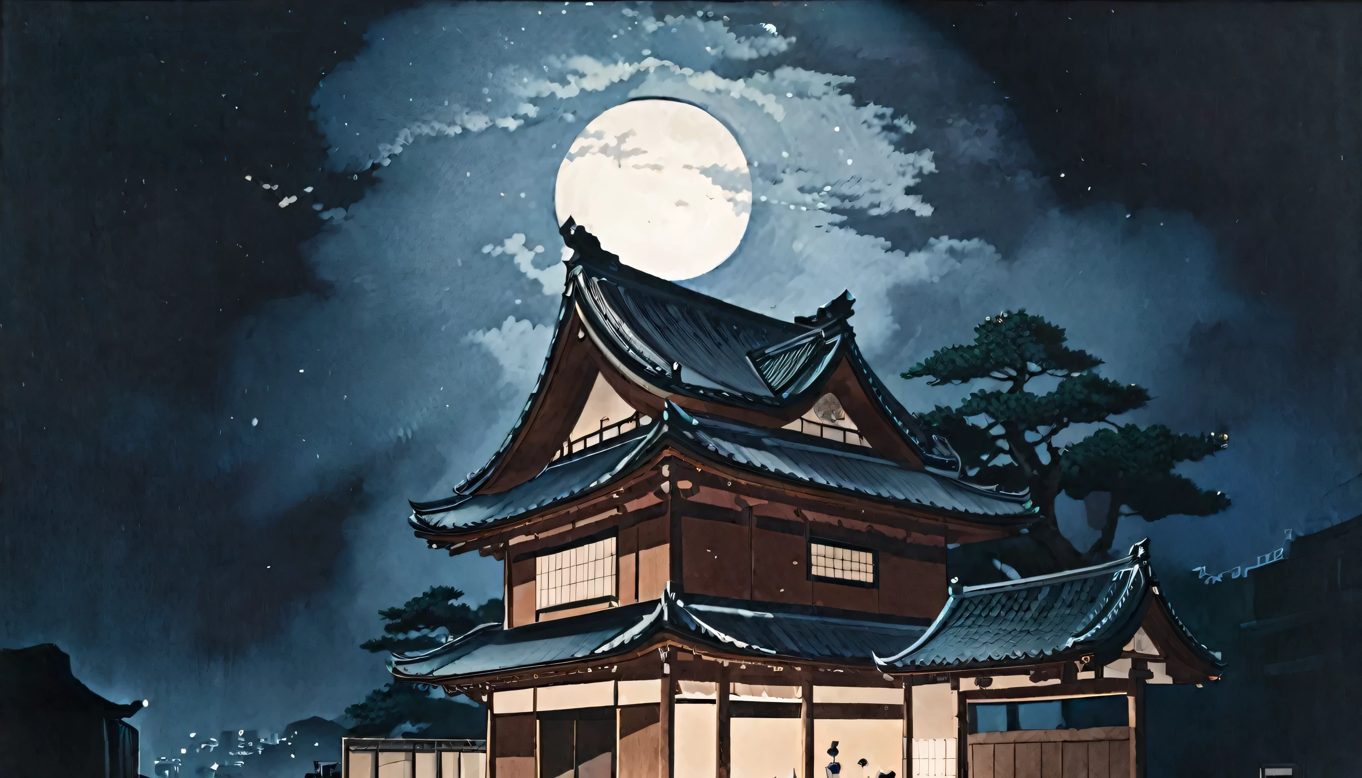 Painting of a Japanese house in the moonlight with a full moon, Artworks inspired by Kawase Hasui, pixiv Contest Winner, Ukiyo-e, The art of Japan style, traditional The art of Japan, Traditional Japanese painting, old The art of Japan, Landscape painting, The art of Japan art, The art of Japan, Zen temple background, Japan at Night, Japanese Landscape, Japanese painting