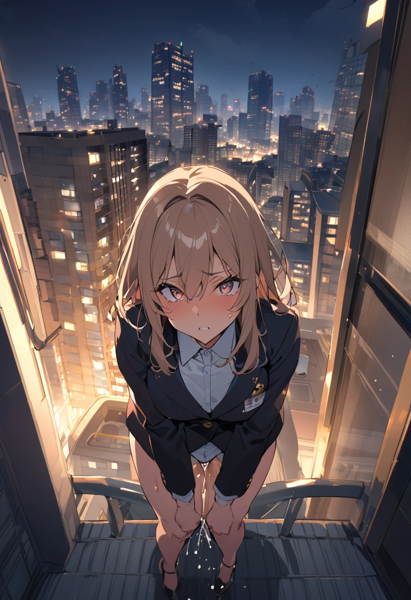 A muscular career woman in a business jacket and panties is urinating profusely towards the skyscrapers at night on the roof of a high-rise apartment building.、urinating at the viewer