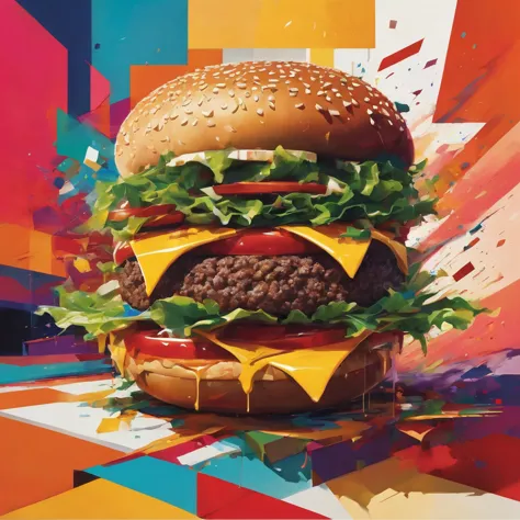 "visualize an interpretation of a hamburger. break down the shape of the hamburger into geometric shapes and fragmented planes, ...