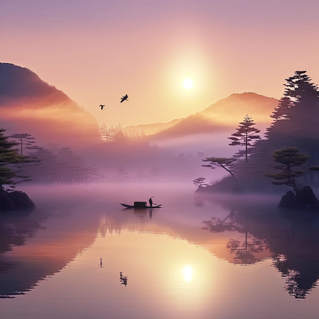 Otherworldly morning, Mysterious, calm feeling, good morning, ancient Japan, appearing from the darkness, I wish for world peace.((best quality, 8K, masterpiece: 1.3))
