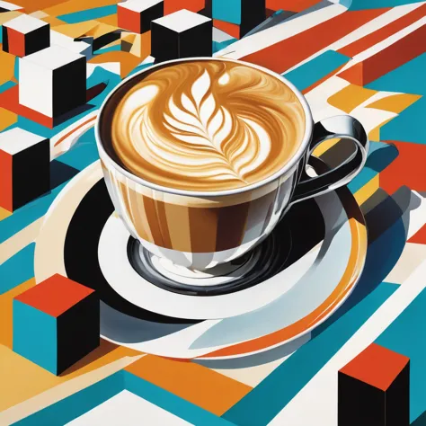 "visualize an interpretation of a latte macchiato. break down the shape of the latte macchiato into geometric shapes and fragmen...