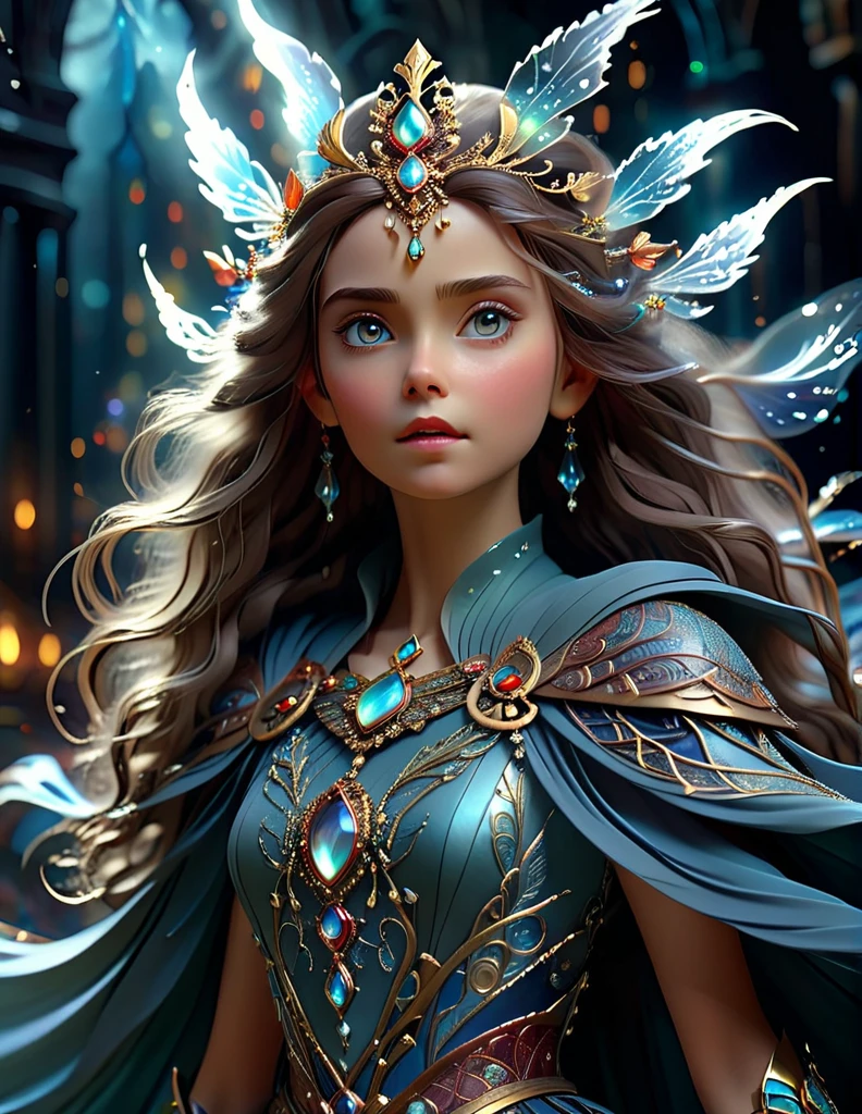 mystical female protagonist, intricate fantasy dress, glowing ethereal aura, detailed ornate headpiece, sweeping dramatic cape, enchanting eyes, porcelain skin, flowing hair, serene expression, dark moody lighting, cinematic dramatic atmosphere, vibrant jewel-toned colors, creative whimsical concept art, (best quality,4k,8k,highres,masterpiece:1.2),ultra-detailed,(realistic,photorealistic,photo-realistic:1.37)