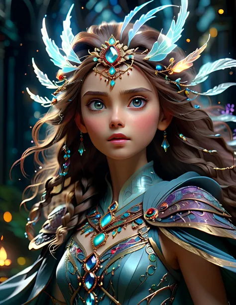 mystical female protagonist, intricate fantasy dress, glowing ethereal aura, detailed ornate headpiece, sweeping dramatic cape, ...