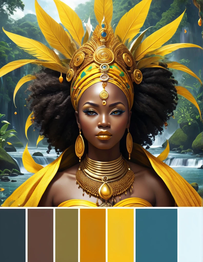 (((oxum)))is a deity of the Afro-Brazilian pantheon, worshipped in African-based religions such as Candomblé and Umbanda. She is an Orixá associated with fresh waters., rivers, Water Falls, fertility, to love, to beauty and wealth. oxum é frequentemente representada como uma figura feminina graciosa e maternal, dressed in golden or yellow clothes, symbolizing gold and prosperity.

in Yoruba mythology, where it originates from, oxum é vista como a esposa de Xangô, the Orisha of fire and thunder, and is also considered a great mother, protector of children. She is known for her generosity, wisdom and ability to heal, but can also be a powerful warrior when necessary.
(best quality,4K,8k,highres,masterpiece:1.2),ultra-detailed,(realistic,photorealistic,photo-realistic:1.37)