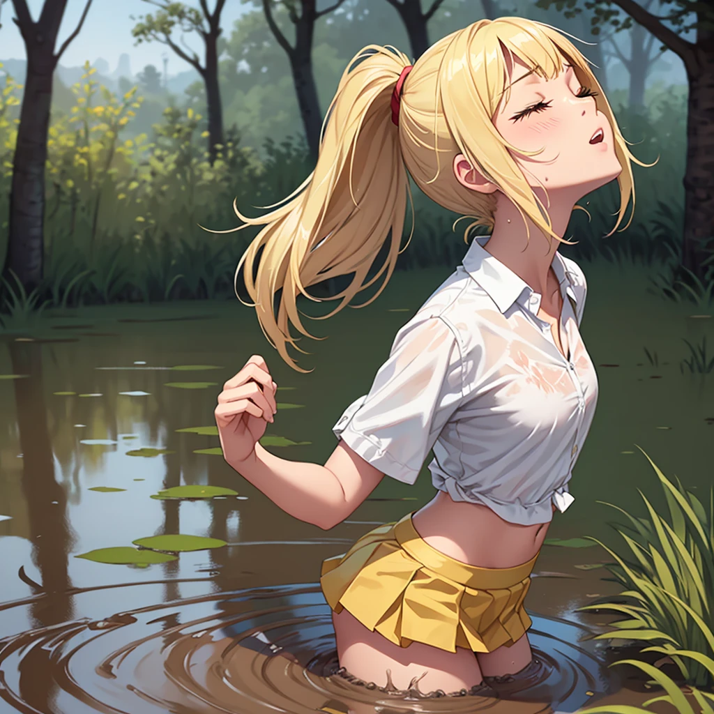 Solo girl, sweet blonde girl, 1 girl, muddy, dirty, ponytail hair, drowning in quicksand, mud, swamp, bog, grass, trees, white blouse, red miniskirt, (orgasm:1.5), (looking up:1.3), (eyes closed:1.4), from the torso up, (from side:1.4)