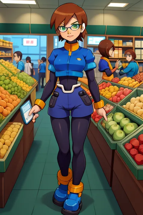 aile_megamanzx, 1 girl, looking at viewer, brown hair, green eyes , market background , glasses, cashier oxxo clothes , full bod...