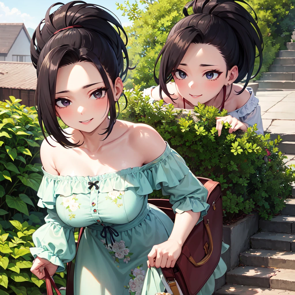 ((best quality)), ((highly detailed)), masterpiece, absurdres, extremely detailed face, beautiful face, (detailed eyes, deep eyes), (1girl), cowboy shot, yaoyorozu_momo, momo_mha, long hair, black hair, black eyes, ponytail, hair pulled back, large breasts, smile, off-shoulder sundress, bare shoulders, floral print, collarbone, (outdoors, at a stairway, afternoon), fsc_art