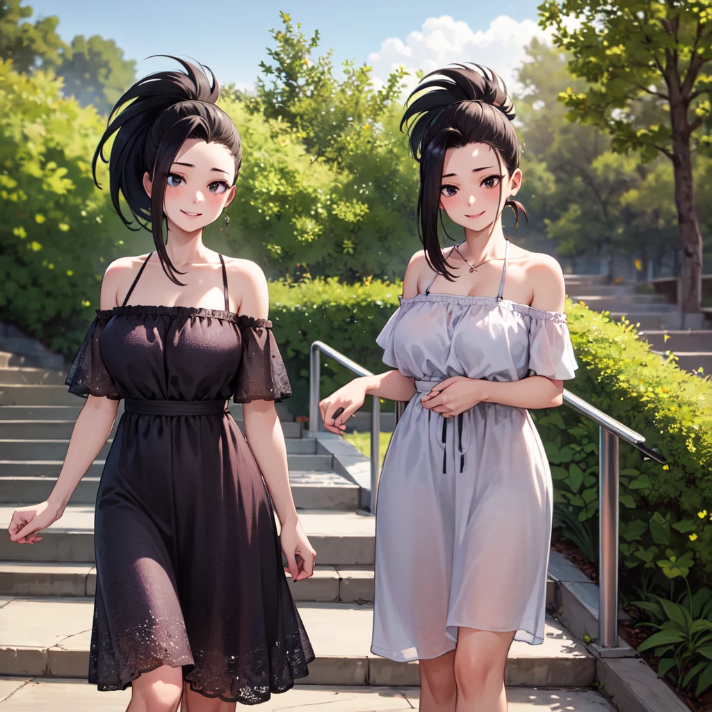 ((best quality)), ((highly detailed)), masterpiece, absurdres, extremely detailed face, beautiful face, (detailed eyes, deep eyes), (1girl), cowboy shot, yaoyorozu_momo, momo_mha, long hair, black hair, black eyes, ponytail, hair pulled back, large breasts, smile, off-shoulder sundress, bare shoulders, floral print, collarbone, (outdoors, at a stairway, afternoon), fsc_art