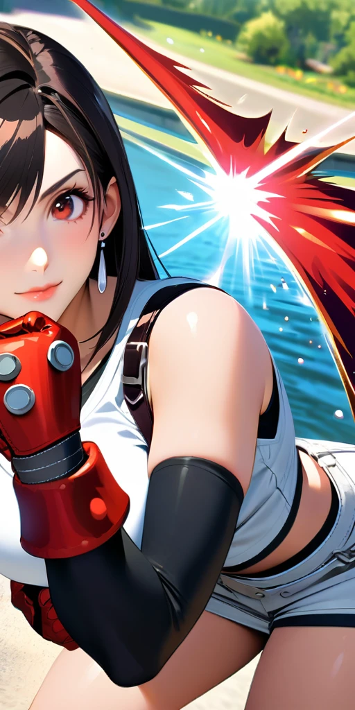 (((((tifa lockhart,Final Fantasy 7:1.5))))),((Highest quality、masterpiece、anime style、best quality、high resolution、8k、detailed、ultra-detailed:1.3))、Long legs:1.2, Beautiful woman with perfect figure:1.4、(Smiling:1.2), double eyelid、30-year-old female、((((One Woman,beautiful face,Beautiful face、Outdoor,upper body:1.5)))),Big Breasts、High resolution, accurate, Anatomically correct, High-resolution model, high quality, Very detailed, Ultra high definition、Black Hair、Straight Hair、Long Hair,Red open finger gloves,(Uplifting、action、contrapposto pose、dynamic、dynamicポーズ、dynamic motion:1.5)、(((((speed lines、action lines,movement,dynamism:1.0)))))