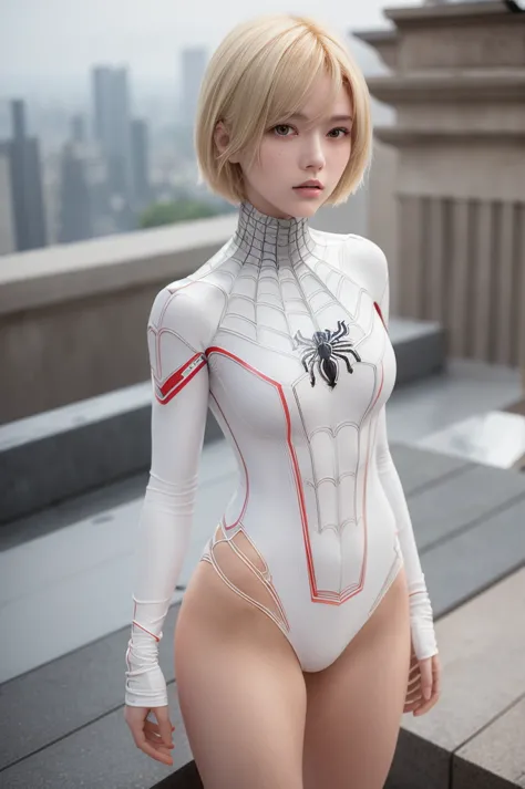 18 yo girl, white spider man suit, short blunt hair, blonde, beautiful face, rain, roof, masterpiece, intricate detail, perfect ...