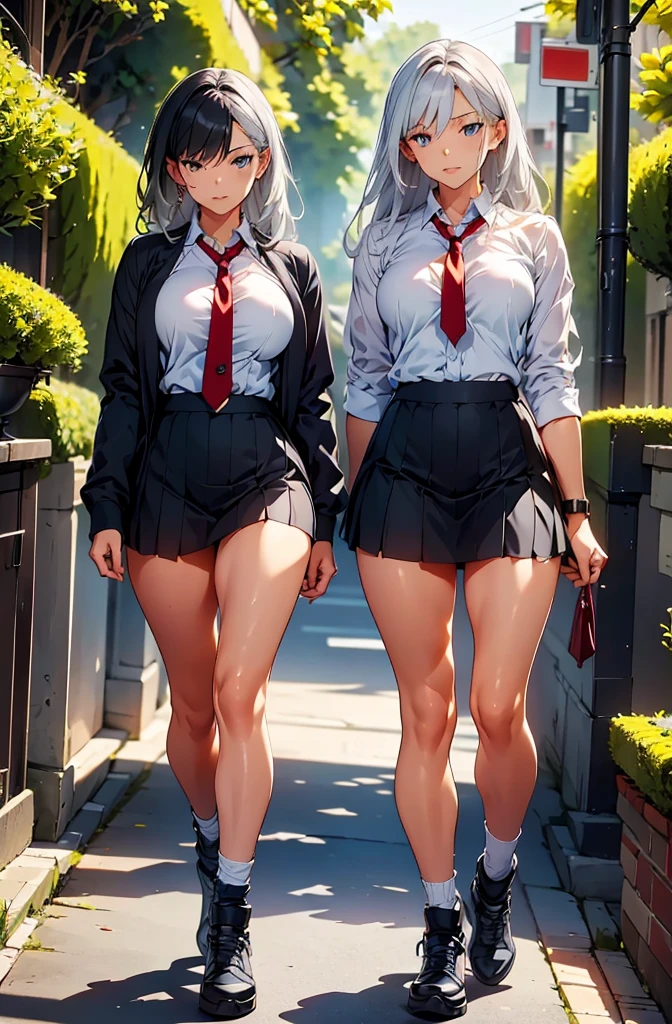 Two muscular high school girls with long silver hair are walking around in miniskirt dresses, showing off their buttocks to people.