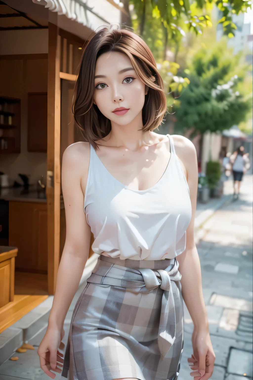 The right half of the costume is transparent, revealing her underwear.(((Checkered Skirt)))、One Japanese woman、30 years old、(A photo showing you from the waist to the head:1.4)、Walking towards here、Wearing a white blouse、Strap Pin Heel、background:Alley、Detailed eyes、Accurate line of sight、first-person view, uhd, anatomically correct, super detail, high details, best quality, 16K