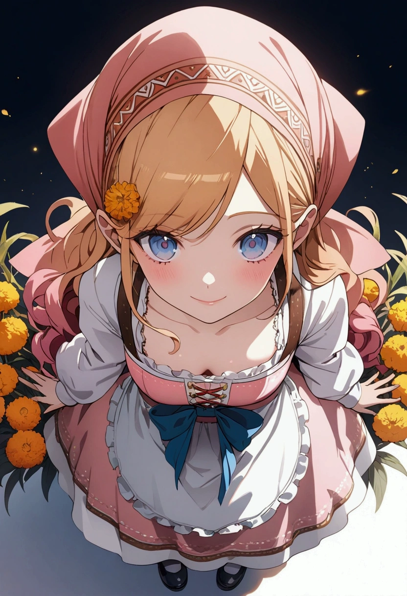 (masterpiece:1.2, best quality), (ultra-detailed), (illustration), (ultra highres), (delicate illustration), (hyper detailed), golden orange hair, gradient hair, very long hair, swept bangs, sidelocks, curly hair, wavy hair, (((((head scarf))))), head bandana, pink apron, flower in hair, marigold, orange flower, dirndl, pink dress, pink dirndl, long sleeves, waist apron, white apron, bow on waist, blue bow, , polish clothing, Slavic clothing, Hungarian clothing, anime, cute,, solo, smile, blue eyes, white stockings, black shoes, full body, straight-on, facing forward