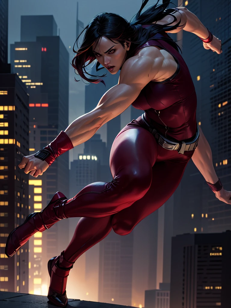 j3nn1f3rg-v1, Elektra Marvel, Burgundy ninja leather uniform,super strong,photography,ultra details, vivid colors,light and shadows effects,,dynamic action poses, dramatic atmosphere,sharp focus, city background, sai, Sleeveless, .Burgundy sleeveless uniform, Armbands