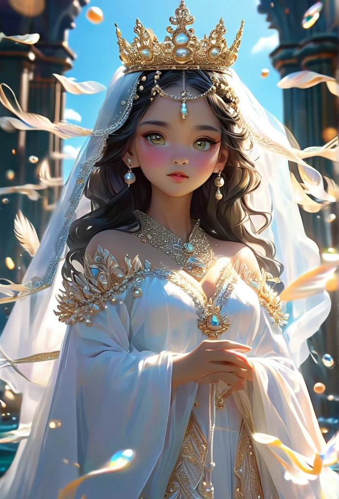 (((King Yemanjá / GOD )))on a SKY a bright light, Sorceress, beautiful female sorceress, (( Yemanjá UHD ))) With a beautiful crown of shells and pearls, volantes+ribbons+detailed in tone , It should look charming and beautiful, Keep the iconic elements of the original character. King GOD must have a sensual round face with large dimensions, clear eyes, long eyelashes and rosy cheeks. Your hair should be in great black tones . Elegant like a king : Vista-se Chibi em um luxuoso e elegante vestido com detalhes standingrolas dourada . He wears a veil on the shore, The character&#39;s costume is a beautiful light blue lace dress. . standing, . Magic Accessories: Add charming accessories to the chibi, shell necklaces and earrings .Be sure to add shadows, textures and details in the hair, God accessories, to make you even more charming and charming. Give him a smiling expression and a smile on his face, Capturing the essence of the character in a subtle way, Delicate hands,( beach scenery, deep surrealistic landscape, king  Yemanjá  and its mermaids ) 16KPensativo, Cabelo branco, Fundo simples, Capuz, Barba, 