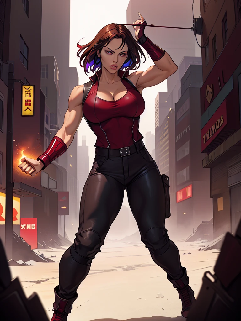 j3nn1f3rg-v1, Elektra Marvel, brown hair, Burgundy Tactical uniform. leather uniform, Tactical pants, little cleavage,photography,ultra details, vivid colors,light and shadows effects,,dynamic action poses, dramatic atmosphere,sharp focus, city background, sai, Sleeveless, .Burgundy sleeveless uniform, Armbands