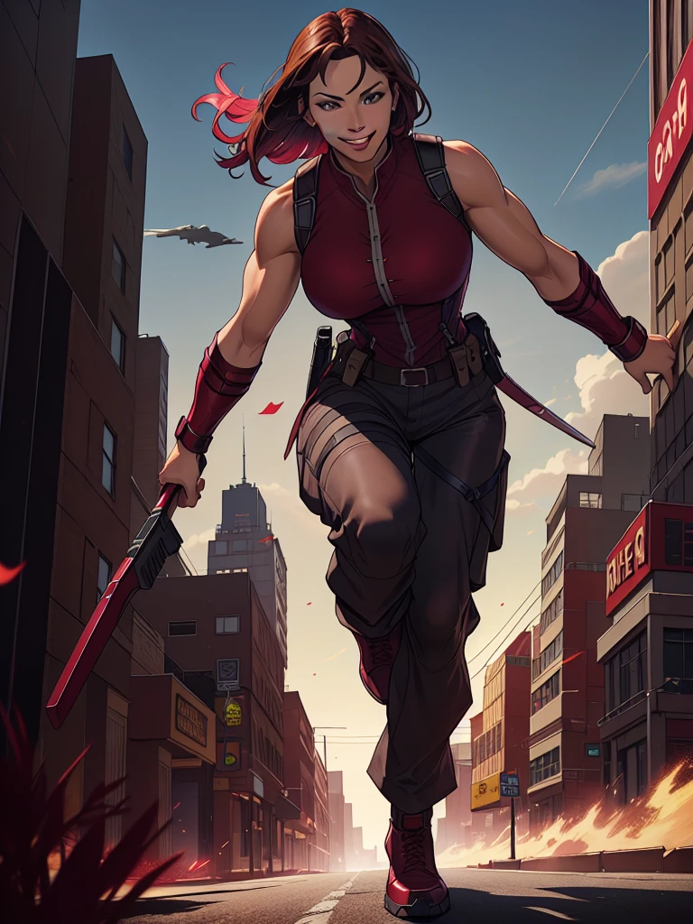 j3nn1f3rg-v1, Elektra Marvel, brown hair, smilling, Burgundy Tactical uniform. leather uniform, Burgundy  Tactical pants,,photography,ultra details, vivid colors,light and shadows effects,,dynamic action poses, dramatic atmosphere,sharp focus, city background, sai, Sleeveless, .Burgundy sleeveless uniform, Armbands