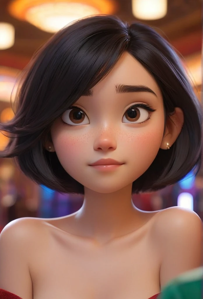 (disney pixar style:1.2) (Cute adorable girl:1.15) (20 year old adult:1.15)  Bblack hair ,short hair to the shoulders ,small breasts , neckleace, Promoter, in a casino , (perfect hands:1.1)  (distant extreme shot, whole body, diminished:1.1) Skinny topless nude with brown eyes, glad 