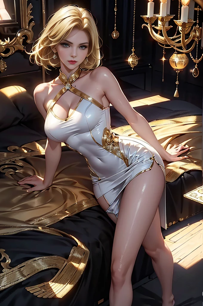 1girl, elegant Kim Cattrall, 25 years old, (((short blonde))), Bright cheongsam, mini dress, tight dress、(​masterpiece, top-quality, Near and far law), beautiful expression, 8K, Raw foto, nffsw, Photorealsitic, perfect body, sensual pose, film grains, chromatic abberation, hight resolution, ultra-detailliert, finely detail, Dynamic Lighting, Dramatic Lighting, shadowy、extremely detailed eye and face、Beautiful legs、Beautiful feet、Standing、Luxurious room, beautiful hands, blue eyes