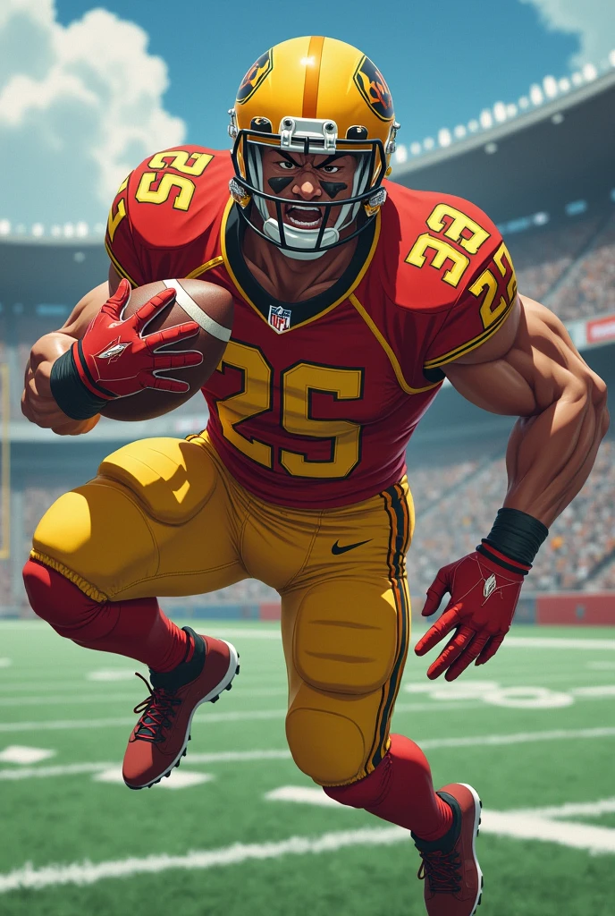 Anime American football player wearing a yellow and red jersey and