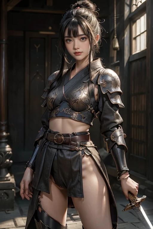 ((Kimono armor exposing nipples and pubic hair))、Fantasy、Black Hair、blunt bangs、hair bun、Black Hairの裸の侍女, (非常にSmall breasts:1.2)、young woman, 18-year-old、smile、Thin nose muscles、Sharp eyes, the body is slim, Slim fit、The crotch is open, The gap between the thighs, Big Ass, Are standing, front, Belt fastening、Thick pubic hair、Small breasts、Large areola、(Bare pubic hair)、((Sword in hand, Combat stance:1.1))、Hairpin