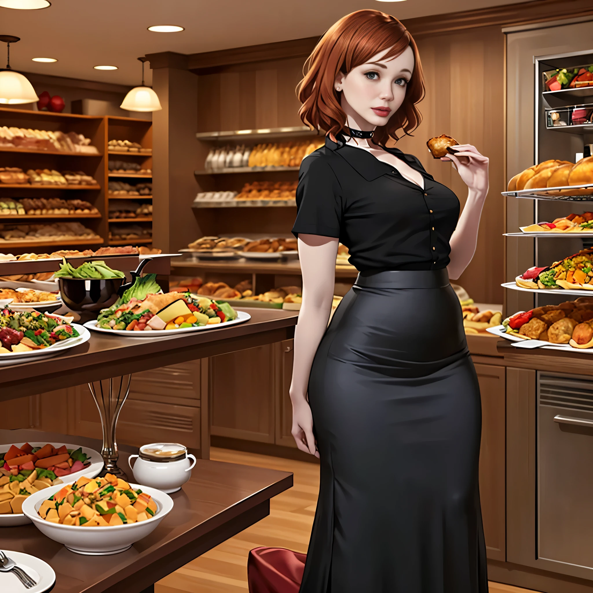 Christina Hendricks, (Christina Hendricks:1.5), masterpiece quality, (masterpiece quality:1.3), detailed, realistic, (realistic:1.3), 1girl, solo, (solo:1.9), alone, at a buffet restaurant, food in background, Thanksgiving day feast, food on shelves in background, food on table in background, wearing choker collar, wearing black blouse, (black blouse:1.5), wearing black dress, (black dress:1.5), long skirt, (long skirt:1.5), small breasts, (small breasts:1.5), thin body, 