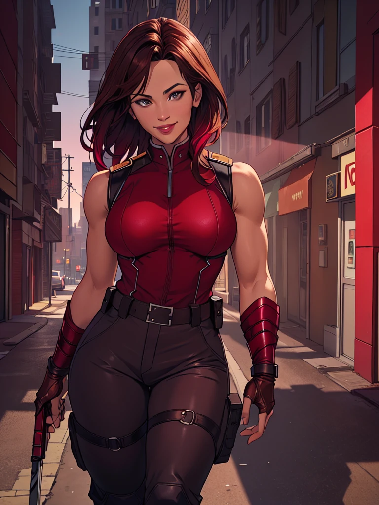 j3nn1f3rg-v1, Elektra Marvel, brown hair, smilling, Burgundy Tactical uniform. leather uniform, Burgundy  Tactical pants,,photography,ultra details, vivid colors,light and shadows effects,, dramatic atmosphere,sharp focus, city background, Sleeveless, .Burgundy sleeveless uniform, 