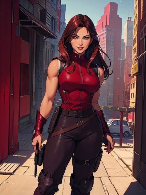 j3nn1f3rg-v1, elektra marvel, brown hair, smilling, burgundy tactical uniform. leather uniform, burgundy  tactical pants,,photog...