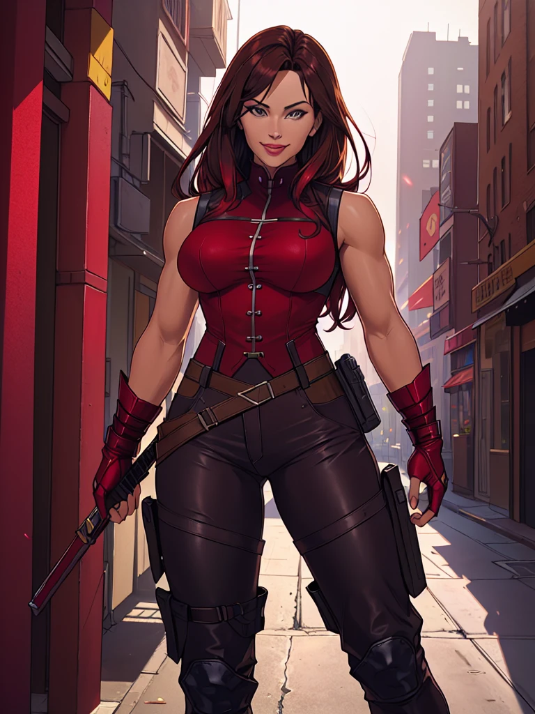 j3nn1f3rg-v1, Elektra Marvel, brown hair, smilling, Burgundy Tactical uniform. leather uniform, Burgundy  Tactical pants,,photography,ultra details, vivid colors,light and shadows effects,, dramatic atmosphere,sharp focus, city background, Sleeveless, .Burgundy sleeveless uniform, 