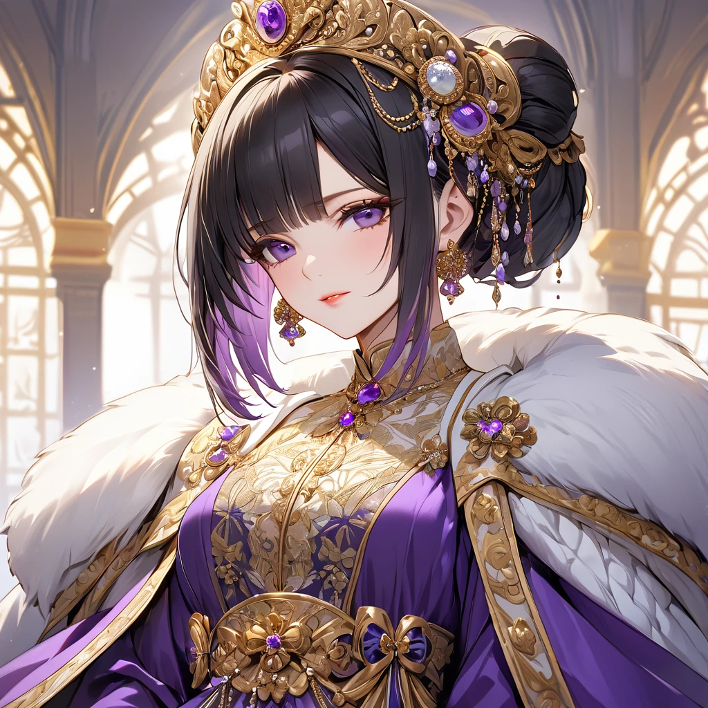 ((Highest quality)), ((masterpiece)), (detailed), （Perfect Face）、The woman is Shinobu Kocho, a Russian with black hair with purple gradient ends, tied in a bob hairstyle, an elegant, graceful and beautiful Russian noblewoman, and the Empress of the Great Russian Empire.、The woman is beautifully dressed in the gorgeous, glittering gold-colored Russian court dress of an ancient Russian empress, accessorized with luxurious accessories and kokoshniks.