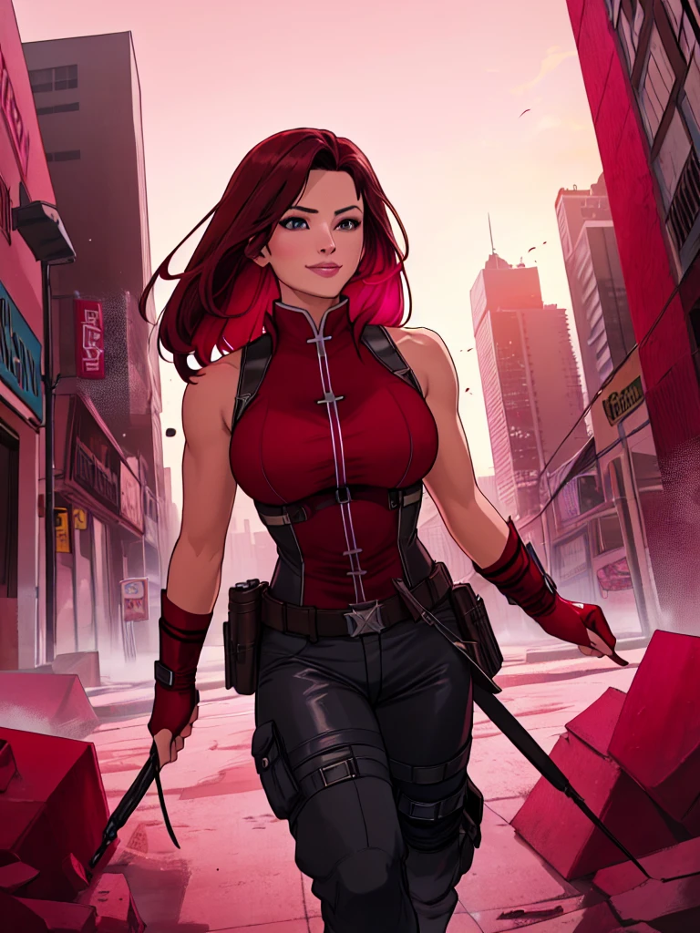 j3nn1f3rg-v1, Elektra Marvel, brown hair, smilling, Burgundy Tactical uniform. leather uniform, (tactical pants), (burgundy oants:1.5),photography,ultra details, vivid colors,light and shadows effects,, dramatic atmosphere,sharp focus, destroy city background, Sleeveless, .Burgundy sleeveless uniform, 