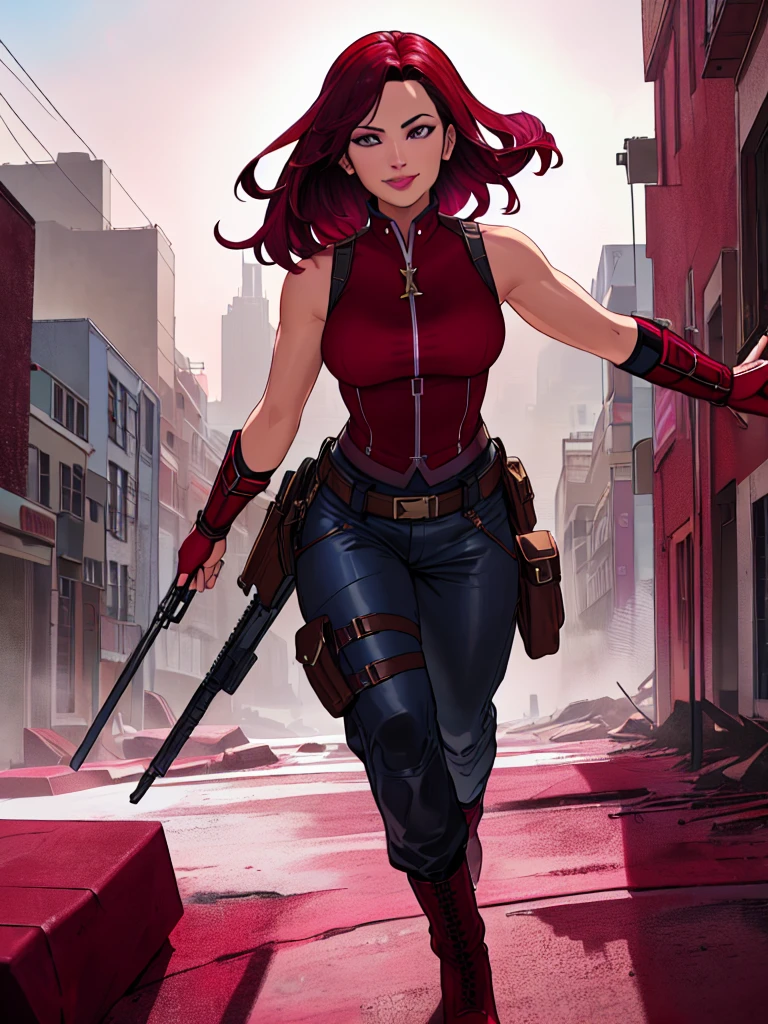 j3nn1f3rg-v1, Elektra Marvel, brown hair, smilling, Burgundy Tactical uniform. leather uniform, (tactical pants), (burgundy oants:1.5),photography,ultra details, vivid colors,light and shadows effects,, dramatic atmosphere,sharp focus, destroy city background, Sleeveless, .Burgundy sleeveless uniform, 