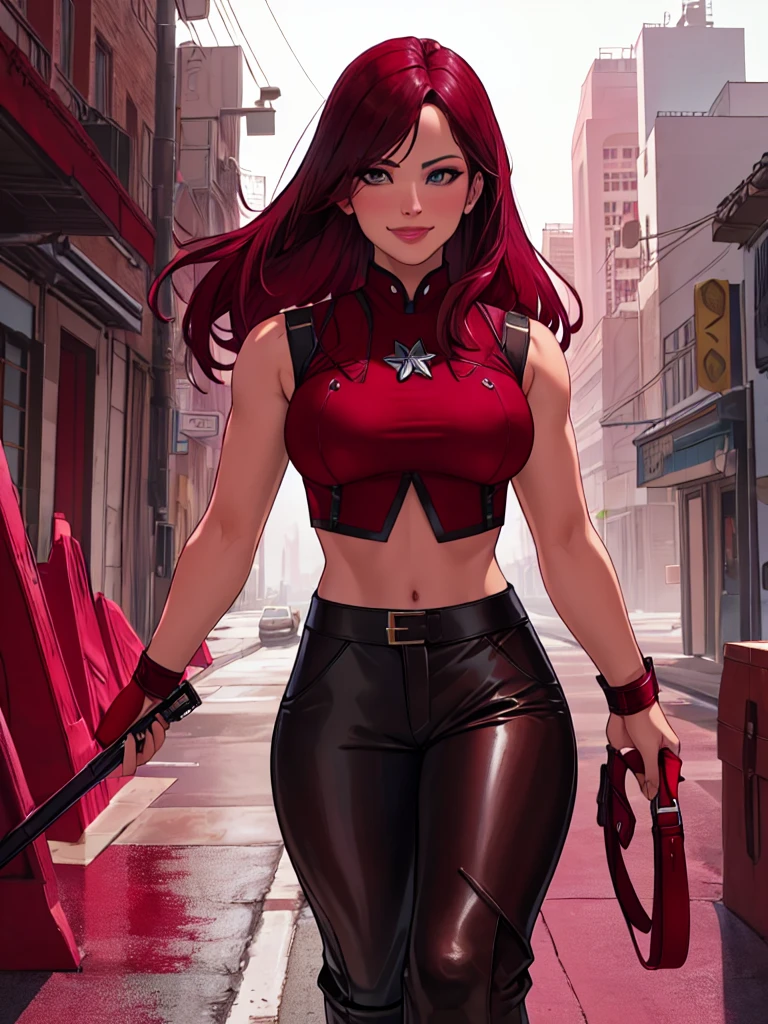 j3nn1f3rg-v1, Elektra Marvel, brown hair, smilling, Burgundy Tactical leather . leather uniform, (leather pants), (burgundy pants:1.5),photography,ultra details, vivid colors,light and shadows effects,, dramatic atmosphere,sharp focus, destroy city background, Sleeveless, .Burgundy sleeveless uniform, 