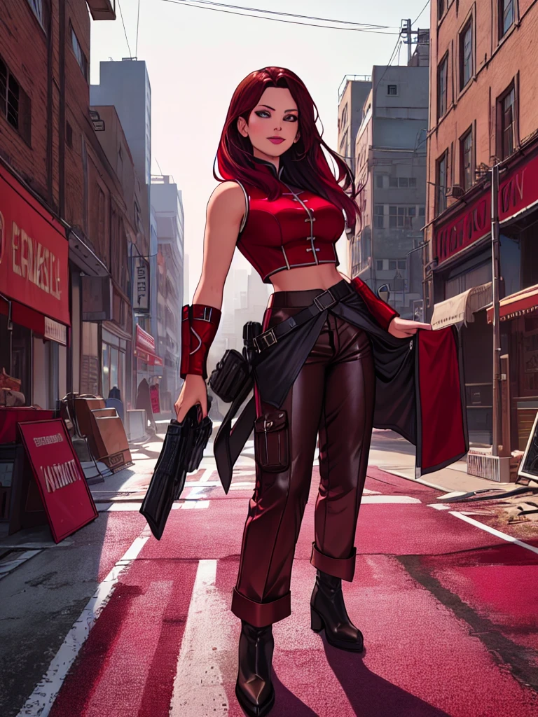 j3nn1f3rg-v1, Elektra Marvel, brown hair, smilling, Burgundy Tactical leather . leather uniform, (leather pants), (burgundy pants:1.5),photography,ultra details, vivid colors,light and shadows effects,, dramatic atmosphere,sharp focus, destroy city background, Sleeveless, .Burgundy sleeveless uniform, 