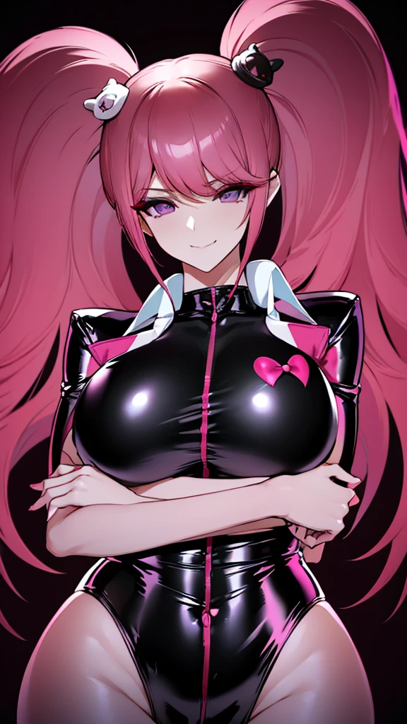 erotic　expensive, Big Breasts,Pink Hair、Curly Hair, mature, Married women, Shiny latex rubber suit、turtleneck、邪evilな女戦闘員, Red and black background, heart, Bedroom, Dark Theme, evil, lure, excited, Condescending smile, Sexy pose, Upper Body,