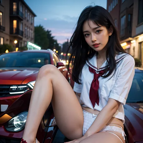 sfw, (closeup from crotch to face) extremelydetailed (schoolgirl lean against the car) spread knees up, perfect face, brilliant(...