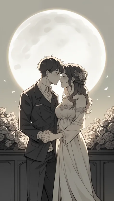 [central concept] ((1 male and 1 female heterosexual couple:1.5))a romantic, intimate moment beneath the soft glow of moonlight,...