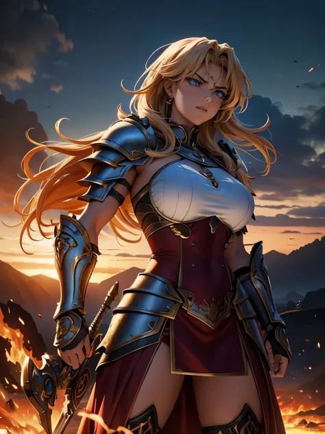 [core concept] a powerful, battle-hardened female warrior in golden armor, standing amidst the chaos of a fiery battlefield.

[c...