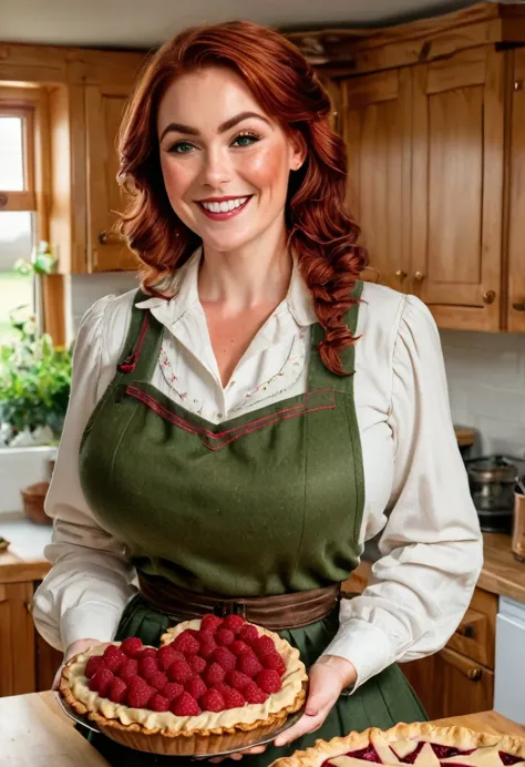 a beautiful scottish woman in her kitchen, presenting a raspberry pie in the form of a big heart. she has reddish-brown hair, li...