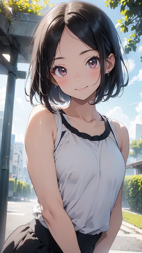 young woman、smile、I can see your forehead、((Short Hair))、blush、((masterpiece、High resolution、16K))、((Active summer clothing))、(Very close:1.5)、Athletic Gym、(Focus on the upper body:1.5)、((Wave to me))