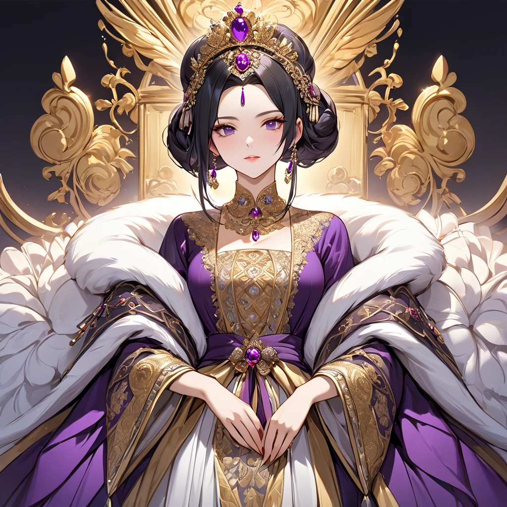 ((Highest quality)), ((masterpiece)), (detailed), （Perfect Face）、The woman is Shinobu Kocho, a Russian with black hair with purple gradient ends, tied in a bob hairstyle, an elegant, graceful and beautiful Russian noblewoman, and the Empress of the Great Russian Empire.、The woman is beautifully dressed in a gorgeous, glittering gold-colored Russian coronation dress worn by an ancient Russian empress, as well as luxurious accessories and a kokoshnik.