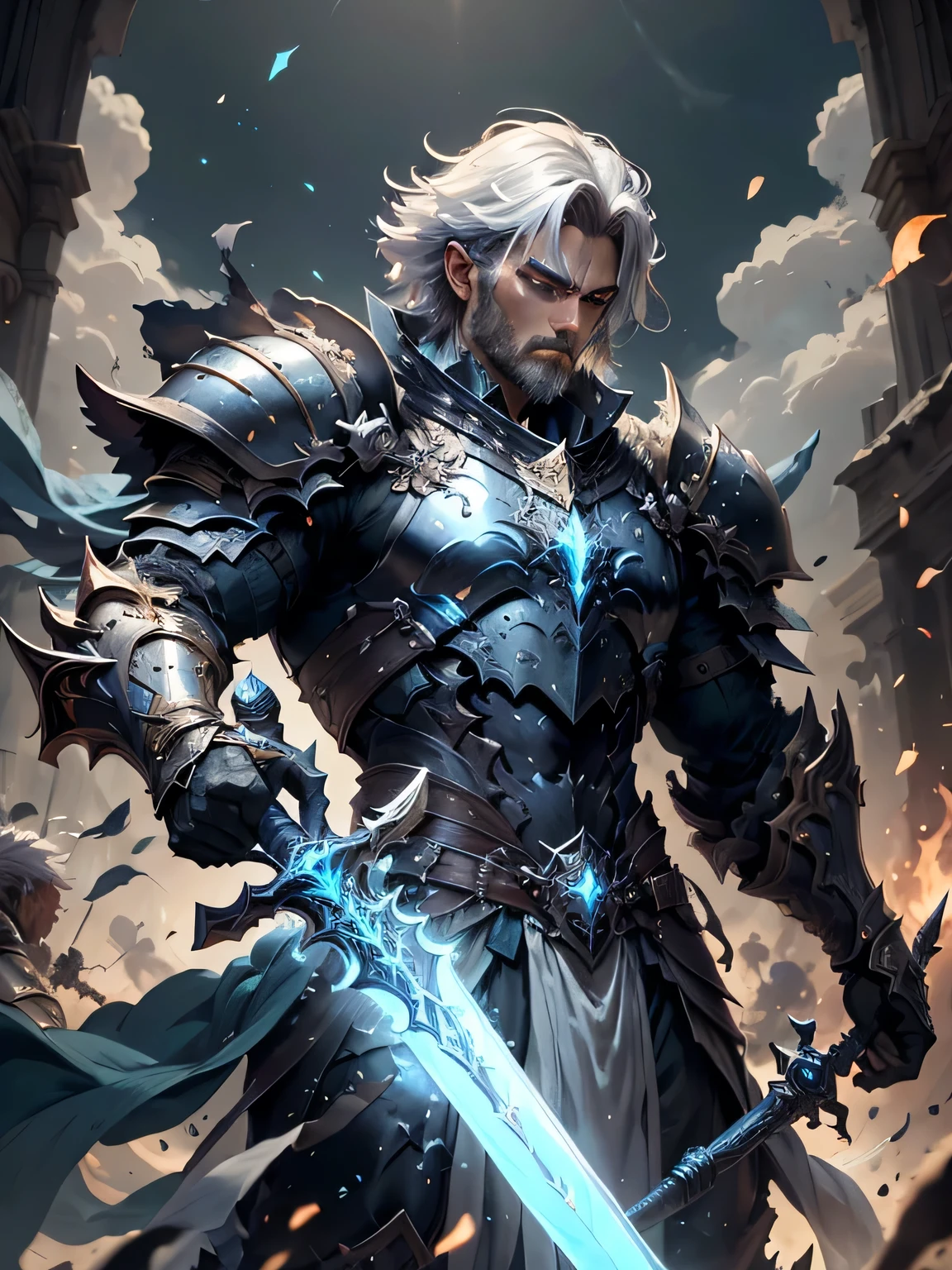 [Core Concept] A powerful warrior wielding a legendary blue sword, imbued with mystical energy and spiritual essence.

[Character Description] A strong, formidable man with short white hair, clad in intricate armor, stands ready to unleash the magic of his mighty blade.

[Environment/Background] The warrior occupies a dramatic, otherworldly setting, surrounded by an aura of mystery and ancient power.

[Style and Atmosphere] The scene exudes an epic, fantastical atmosphere, with a sense of grandeur and the weight of legend.

[Composition] The composition focuses on the warrior's commanding presence, the blue sword raised in a dramatic, heroic pose.

[Details and Embellishments] The blade glows with a supernatural radiance, evoking the sword's magical properties and the warrior's spiritual connection to it.

[Technical Specifications] The image should be rendered with a high level of detail, showcasing the intricate armor, the stunning blue sword, and the warrior's intense, determined expression.