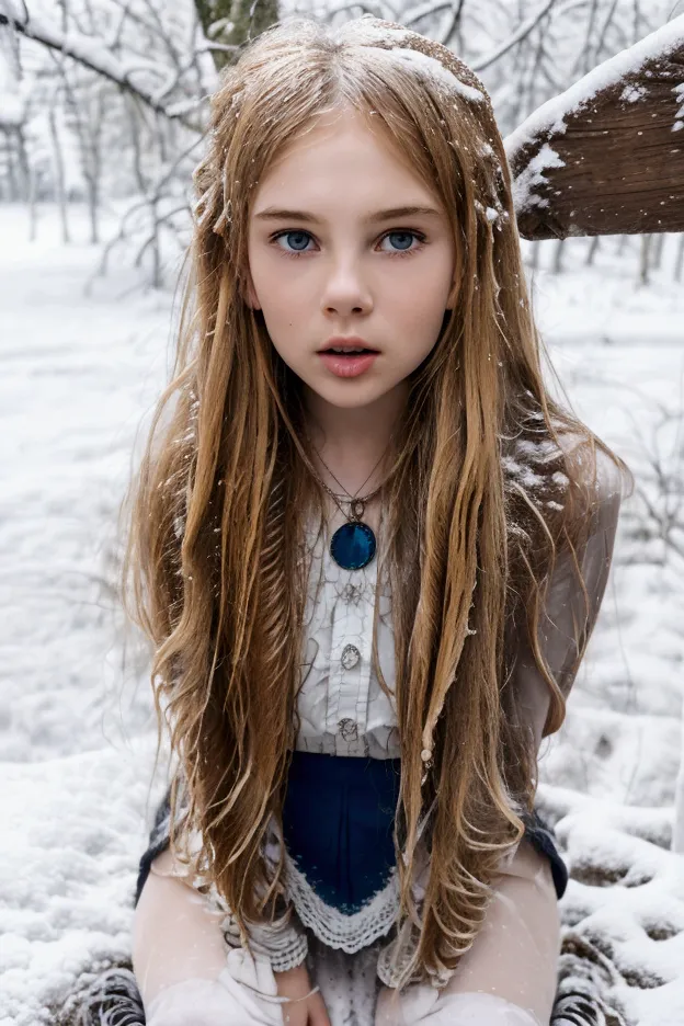 masterpiece, the best quality, 13-year-old russian girl, adolescent, blonde woman, curly, uncombed medium length hair, snow in w...